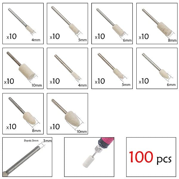 PHYHOO JEWELRY TOOLS-100pcs Multifunctional Wool Felt Mandrel Mounted Grinding Polishing Set