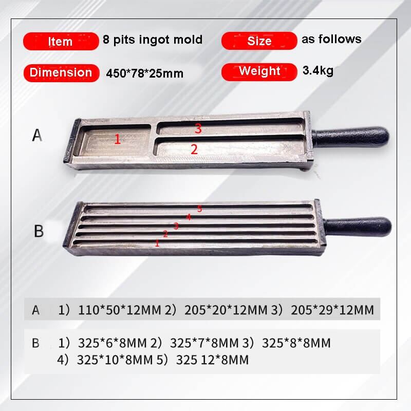 PHYHOO JEWELRY TOOLS-6/8 pit Rectangular Oil Tank Steel Ingot Mold