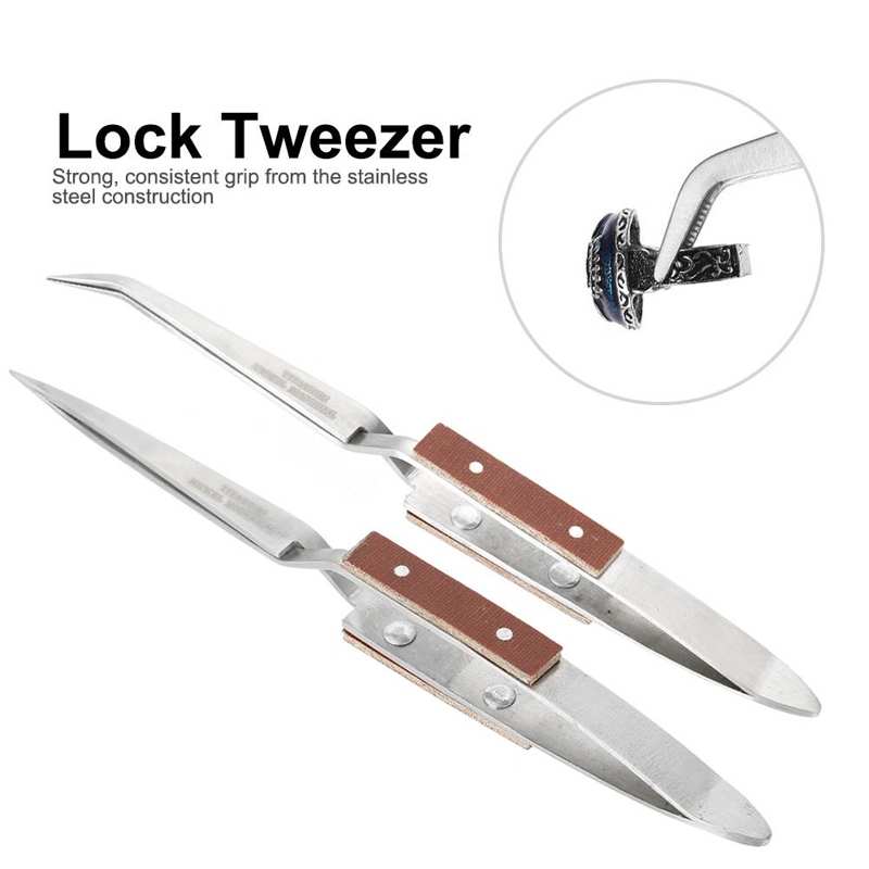 PHYHOO JEWELRY TOOLS-Jewelry Straight Curved Tip Selflock Tweezer Cross Locking